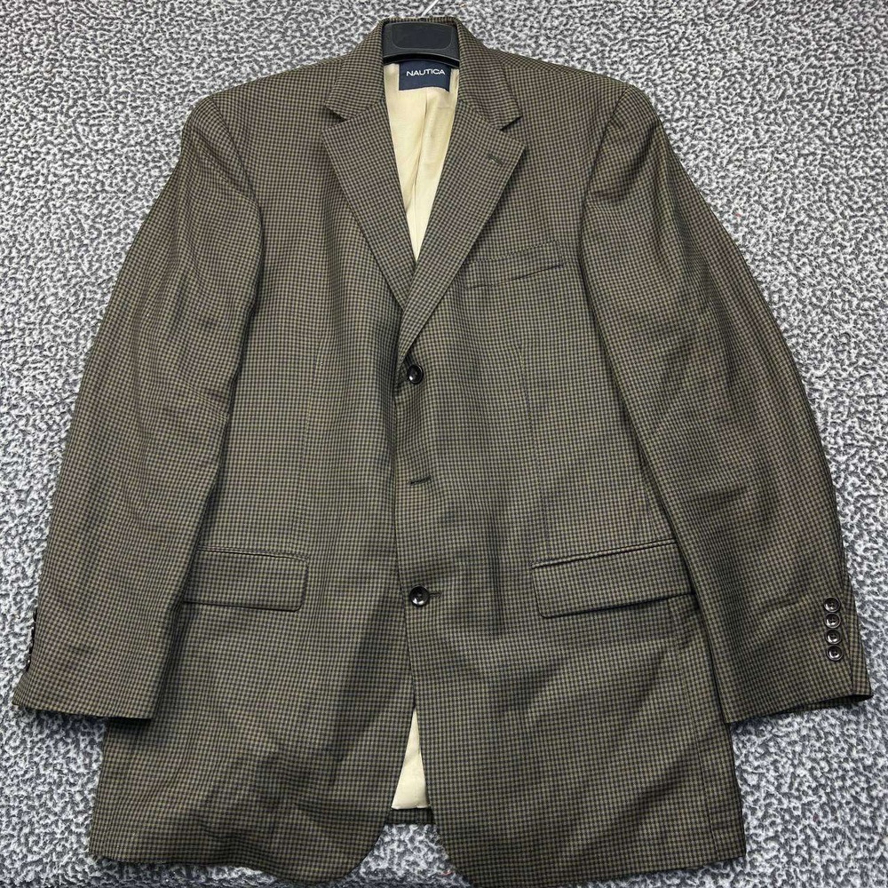 Vintage Nautica Blazer Men 44L Blue Brown Houndstooth 3 Button Long Sleeve Wool